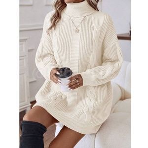 Beige Oversized Sweater Dress Cable Knit Turtleneck Long Sleeve Mini